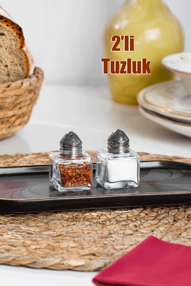 Porsima Cupe Mini Cam Tuzluk Ve Biberlik Seti 2'li  Metal Kapak Kare Tuzluk Seti Sofra Tuzluğu 4x3 cm