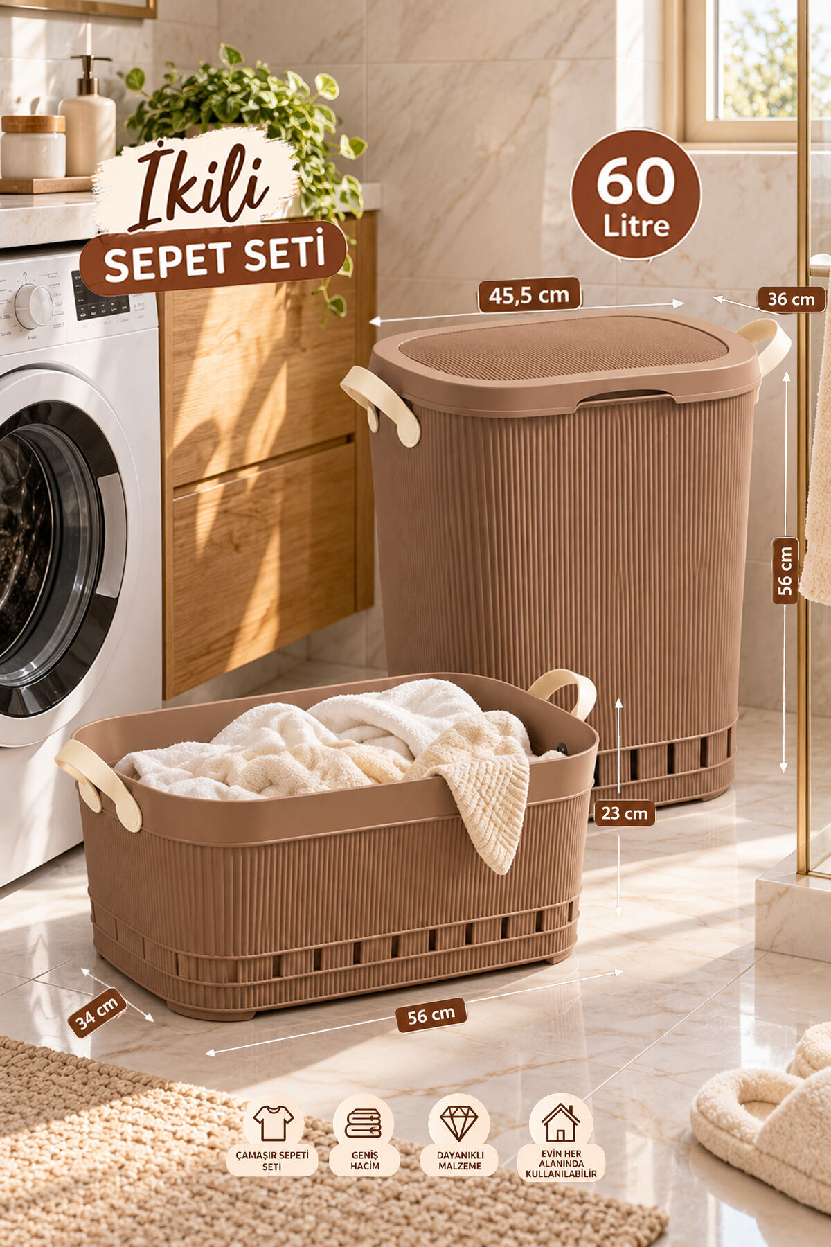 Porsima İkili Çamaşır Sepeti Seti – 60 Litre Kapaklı Kirli Çamaşır Sepeti ve Köşeli Still Çamaşır Sepeti Mokka