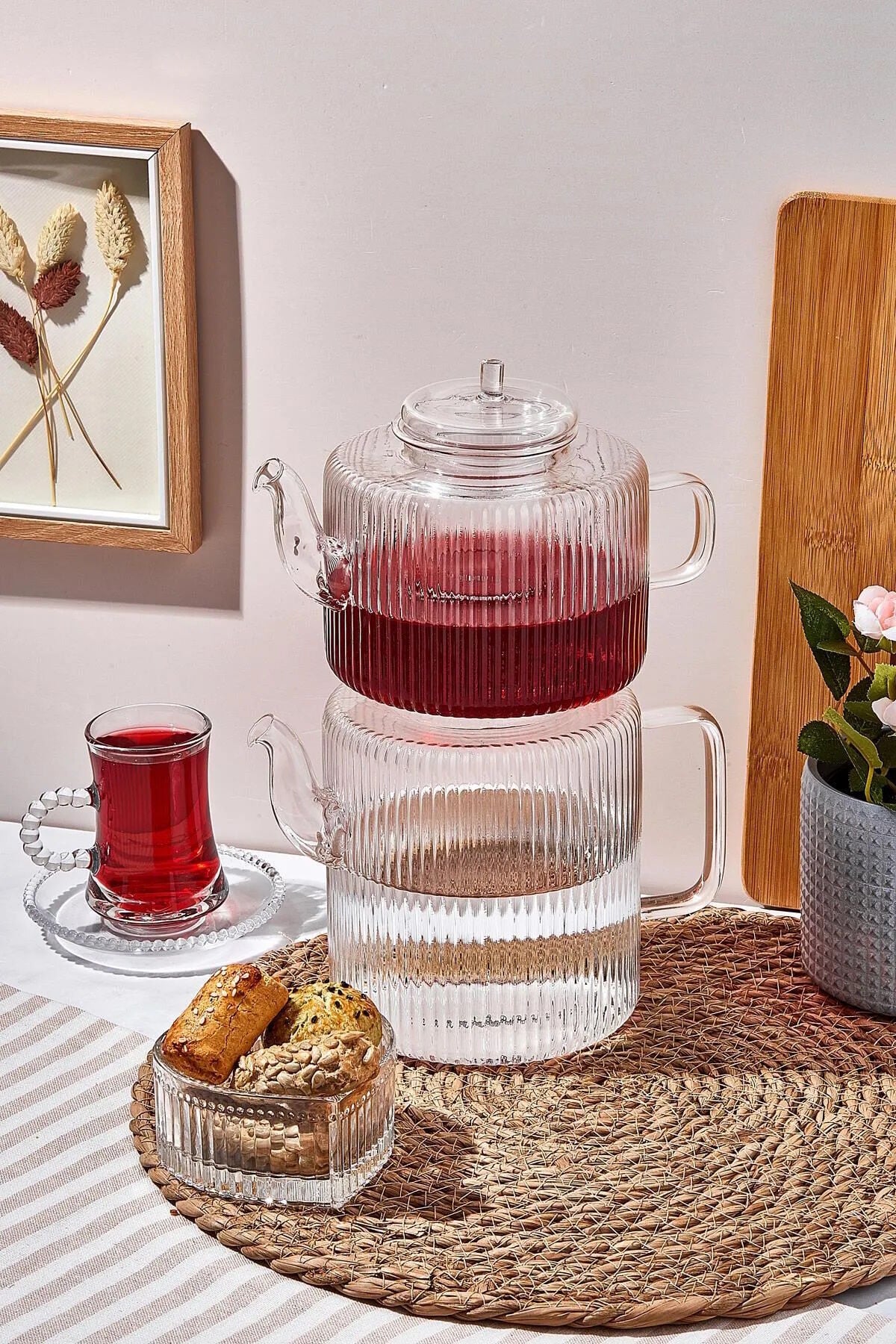 Perotti 16800 Tobby Line Çizgili Borosilikat Cam Çaydanlık 1.1L + 1.75L