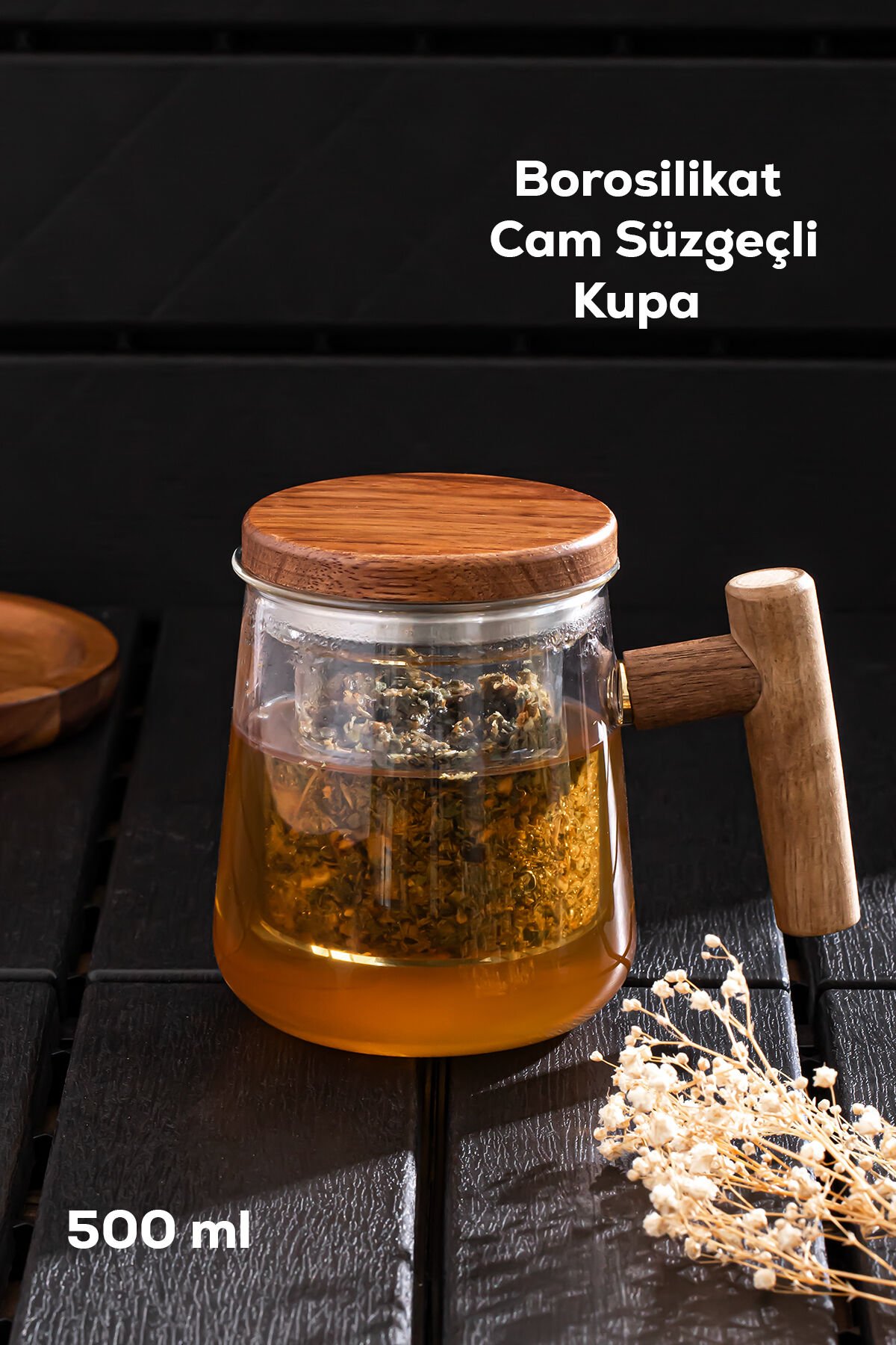 Perotti 17564 Herby Borosilikat Cam Süzgeçli Kupa Bitki Çayı Demliği 500 ml