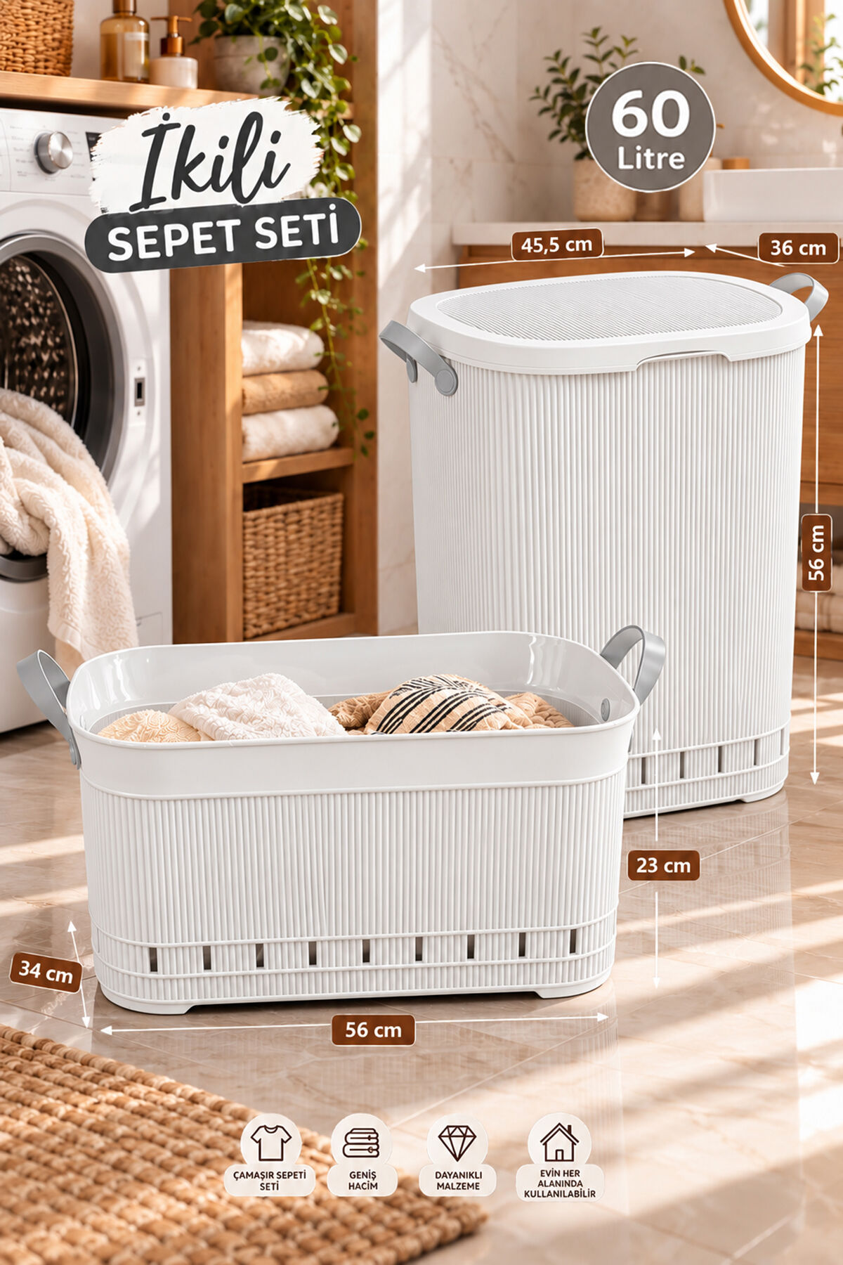 Porsima İkili Çamaşır Sepeti Seti – 60 Litre Kapaklı Kirli Çamaşır Sepeti ve Köşeli Still Çamaşır Sepeti Beyaz
