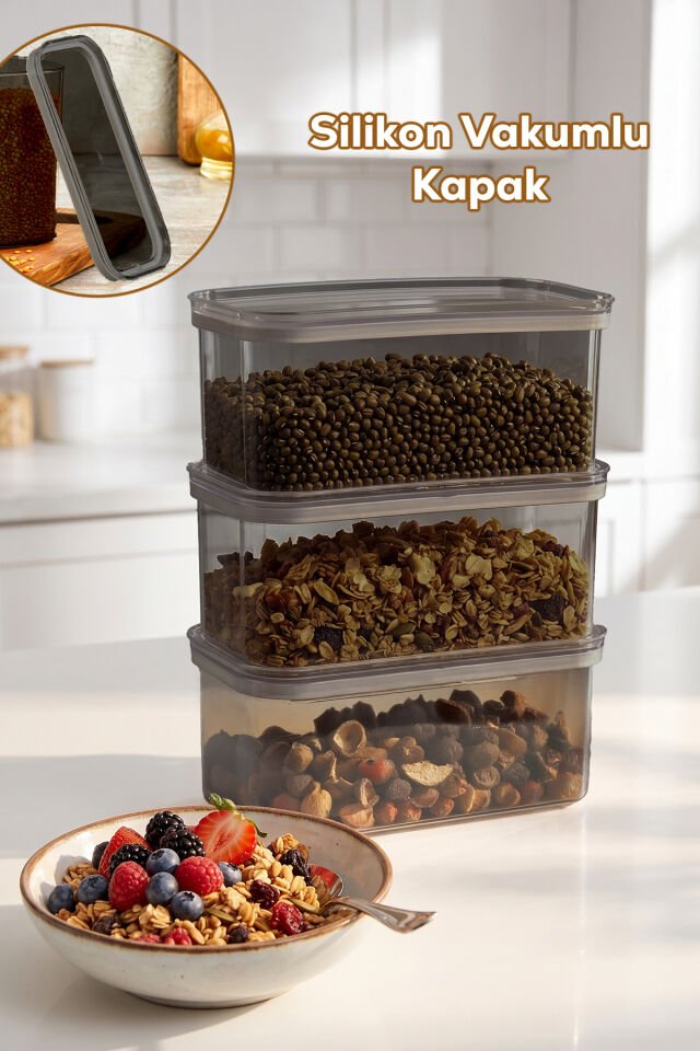 Porsima 420-Gr 3lü Sızdırmaz Yiyecek Erzak Saklama Kabı Seti - 1100ml Gri