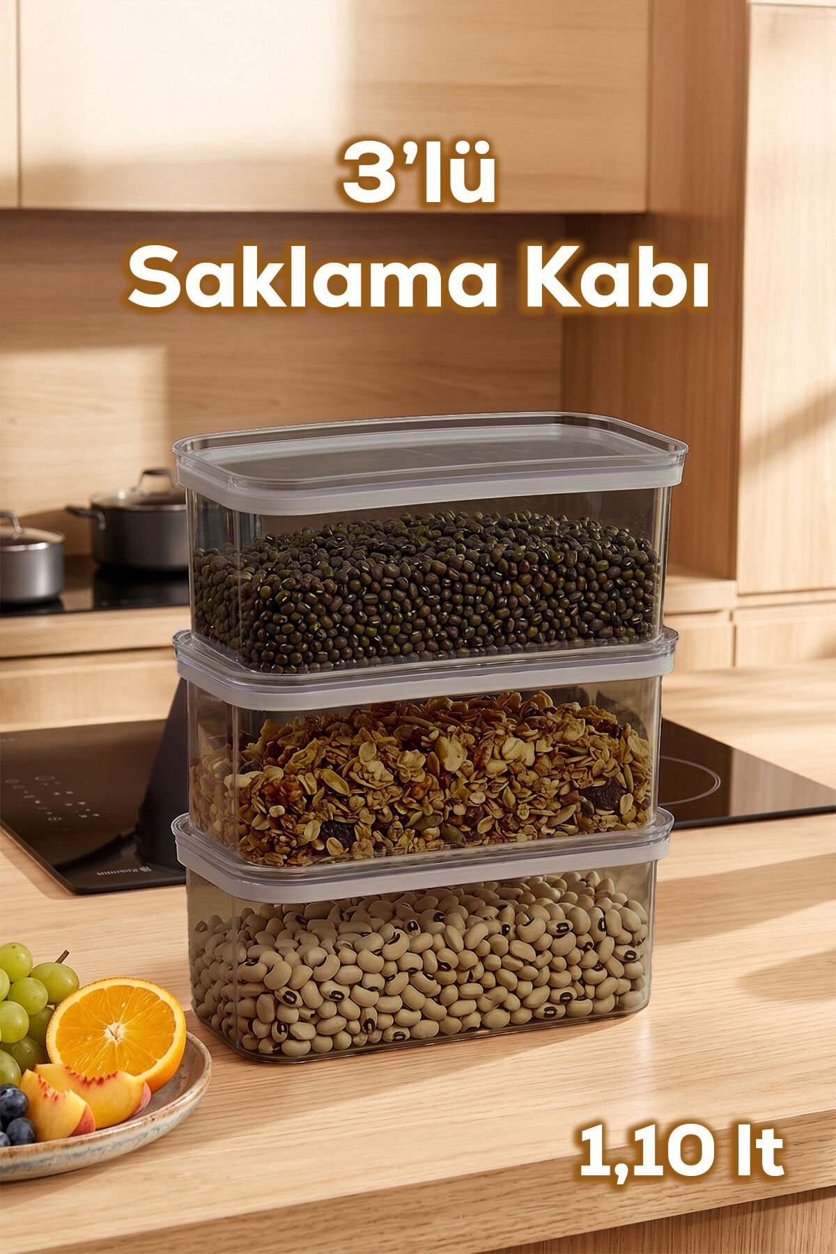 Porsima 420-Gr 3lü Sızdırmaz Yiyecek Erzak Saklama Kabı Seti - 1100ml Gri