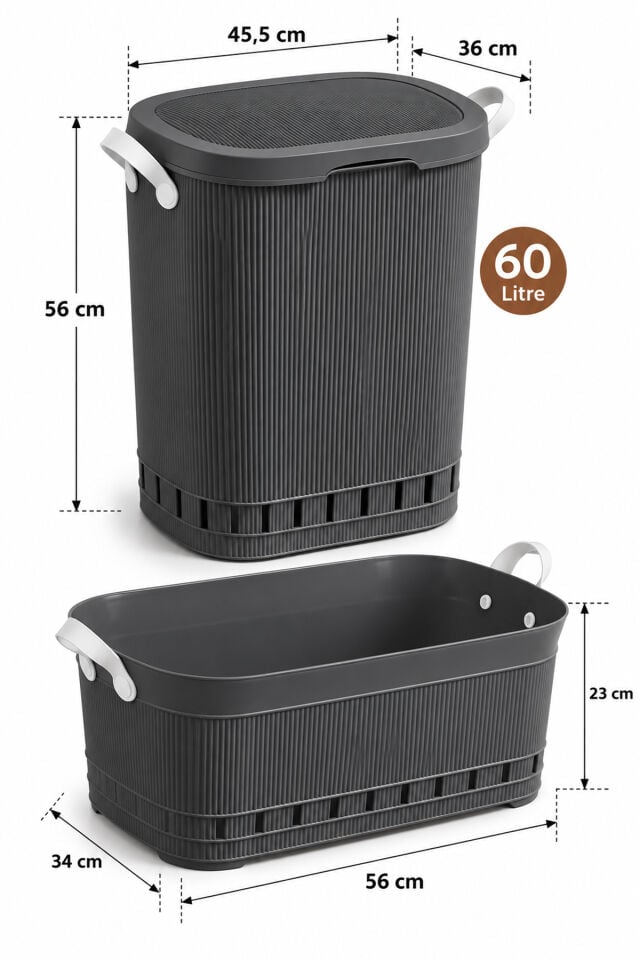 Porsima İkili Çamaşır Sepeti Seti – 60 Litre Kapaklı Kirli Çamaşır Sepeti ve Köşeli Still Çamaşır Sepeti Antrasit