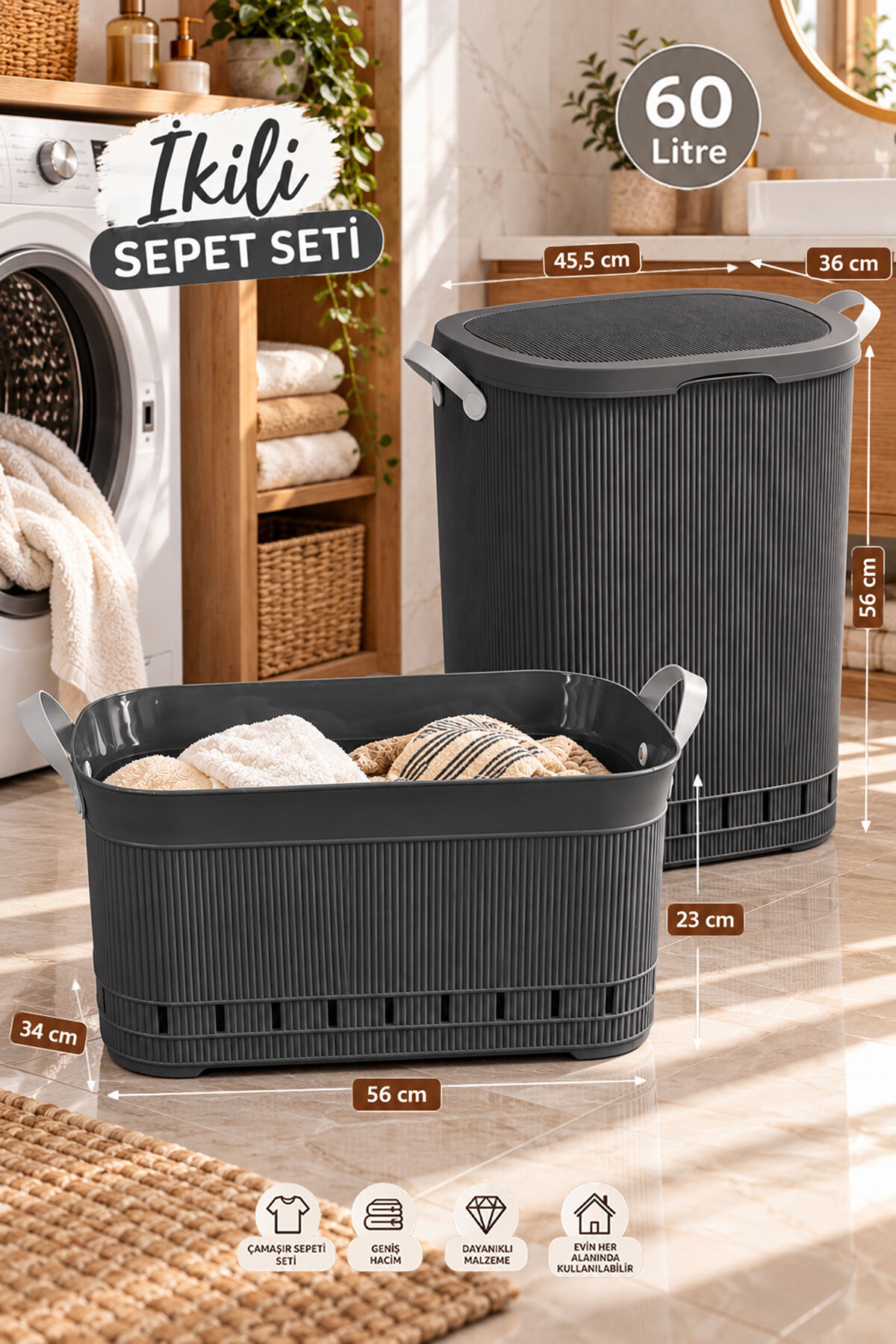 Porsima İkili Çamaşır Sepeti Seti – 60 Litre Kapaklı Kirli Çamaşır Sepeti ve Köşeli Still Çamaşır Sepeti Antrasit