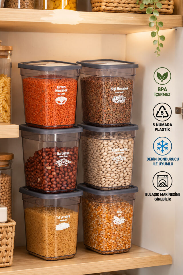Porsima 4521 6'lı Füme Erzak Kabı Seti 2 LT - Vakumlu Dikdörtgen Mutfak & Buzdolabı Saklama Kabı