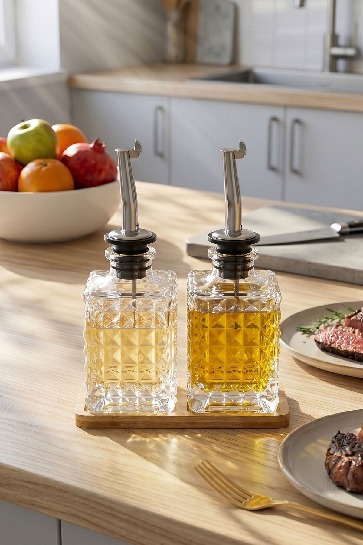 Porsima DHZ90112 2li Bambu Standlı Sızdırmaz Cam Yağlık Sirkelik Yağdanlık 100+100 ml