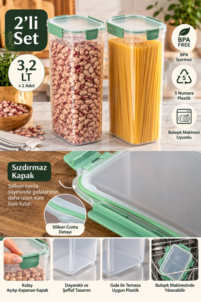 Porsima 02 2010 Tower 2'li Sızdırmaz Kilitli Saklama Kabı 3.2 Lt - Derin Erzak Organizerı