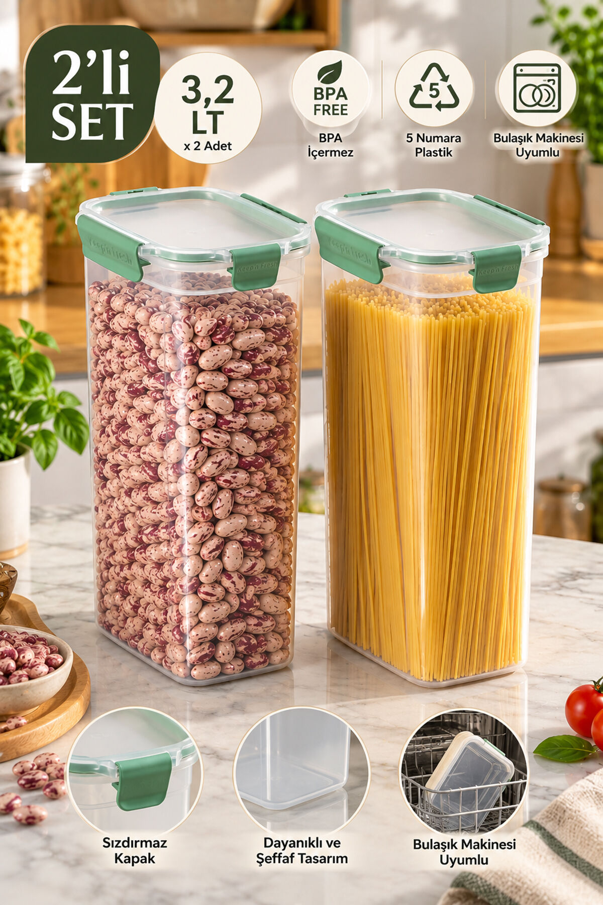 Porsima 02 2010 Tower 2'li Sızdırmaz Kilitli Saklama Kabı 3.2 Lt - Derin Erzak Organizerı