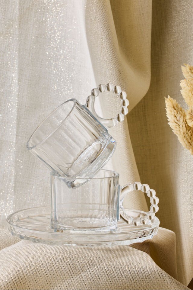 Perotti Ringo Line 6'lı Şeffaf Boncuk Kulplu Kahve Fincanı