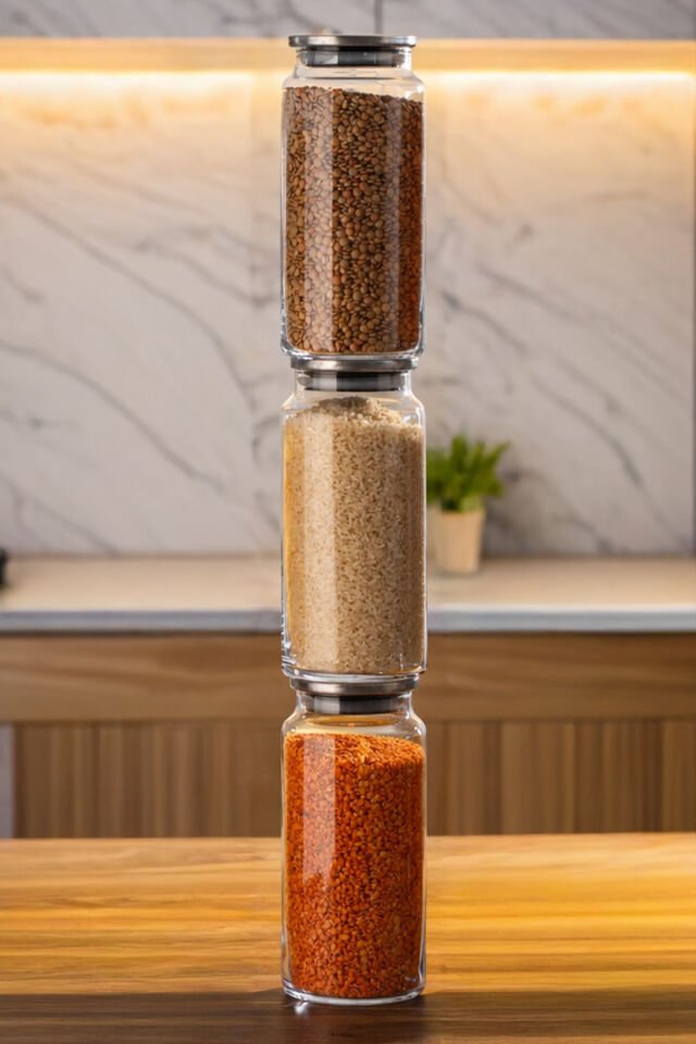 Porsima 4406 Bormio Metal Kapaklı 3lü Cam Kavanoz Seti Vakum Kapaklı Saklama Düzenleme Kabı Seti 1400ml