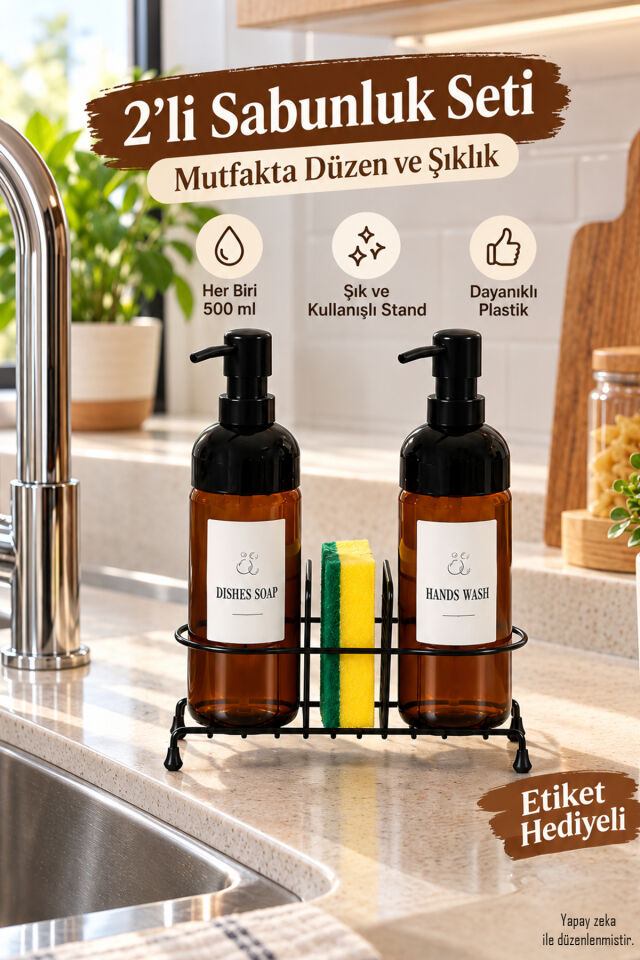 Porsima S-1271 Metal Standlı 2'li Sıvı Sabunluk Seti 500 ml – Mutfak Evye Üstü Bulaşık Deterjanı Ve El Sabunluğu