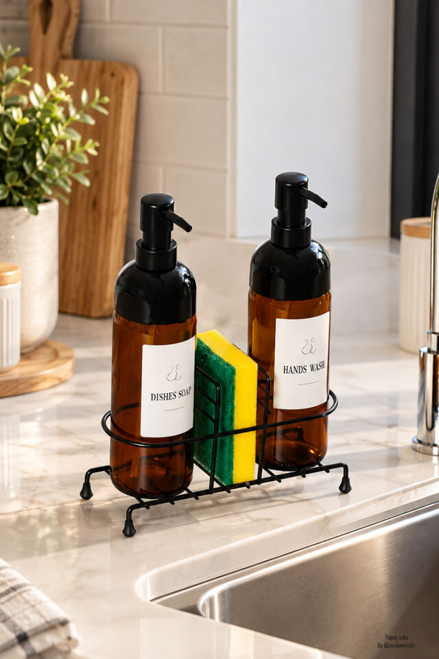 Porsima S-1271 Metal Standlı 2'li Sıvı Sabunluk Seti 500 ml – Mutfak Evye Üstü Bulaşık Deterjanı Ve El Sabunluğu