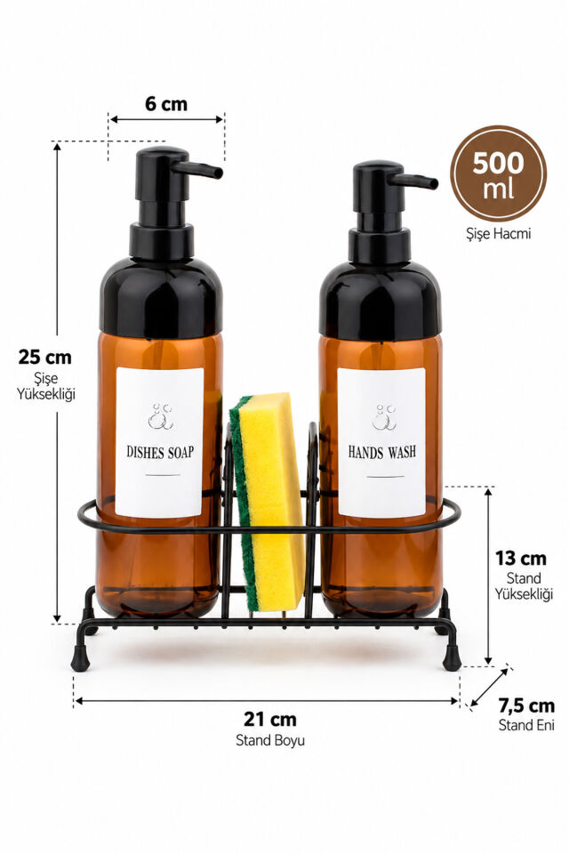 Porsima S-1271 Metal Standlı 2'li Sıvı Sabunluk Seti 500 ml – Mutfak Evye Üstü Bulaşık Deterjanı Ve El Sabunluğu