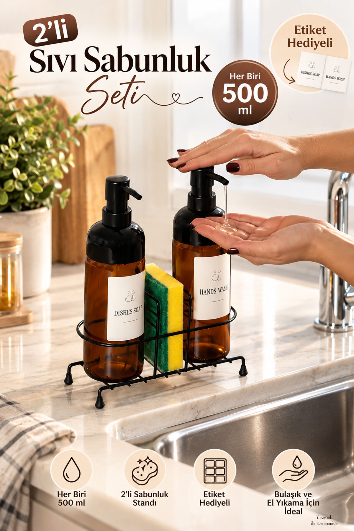 Porsima S-1271 Metal Standlı 2'li Sıvı Sabunluk Seti 500 ml – Mutfak Evye Üstü Bulaşık Deterjanı Ve El Sabunluğu