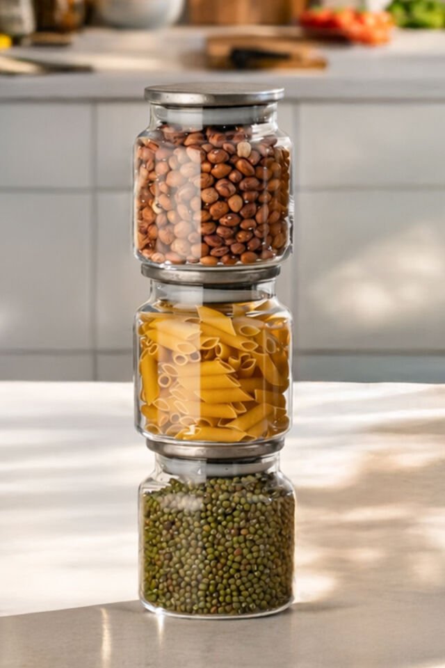 Porsima 4408 Bormio Metal Kapaklı 3lü Cam Kavanoz Seti Vakum Kapaklı Saklama Düzenleme Kabı Seti 650ml