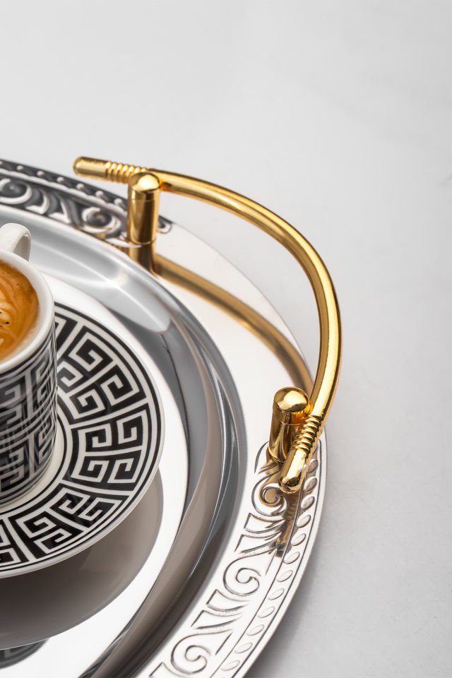 Porsima Elit Premium 2'li Paslanmaz Çelik Kahve Tepsisi Gümüş Tepsi Gold Detaylı Dekoratif Servis Sunum Tepsisi