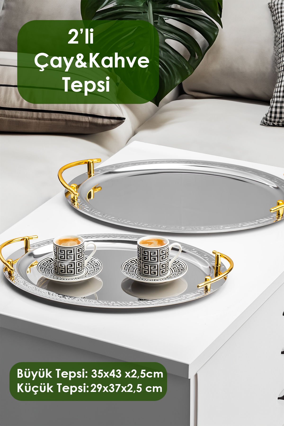Porsima Elit Premium 2'li Paslanmaz Çelik Kahve Tepsisi Gümüş Tepsi Gold Detaylı Dekoratif Servis Sunum Tepsisi