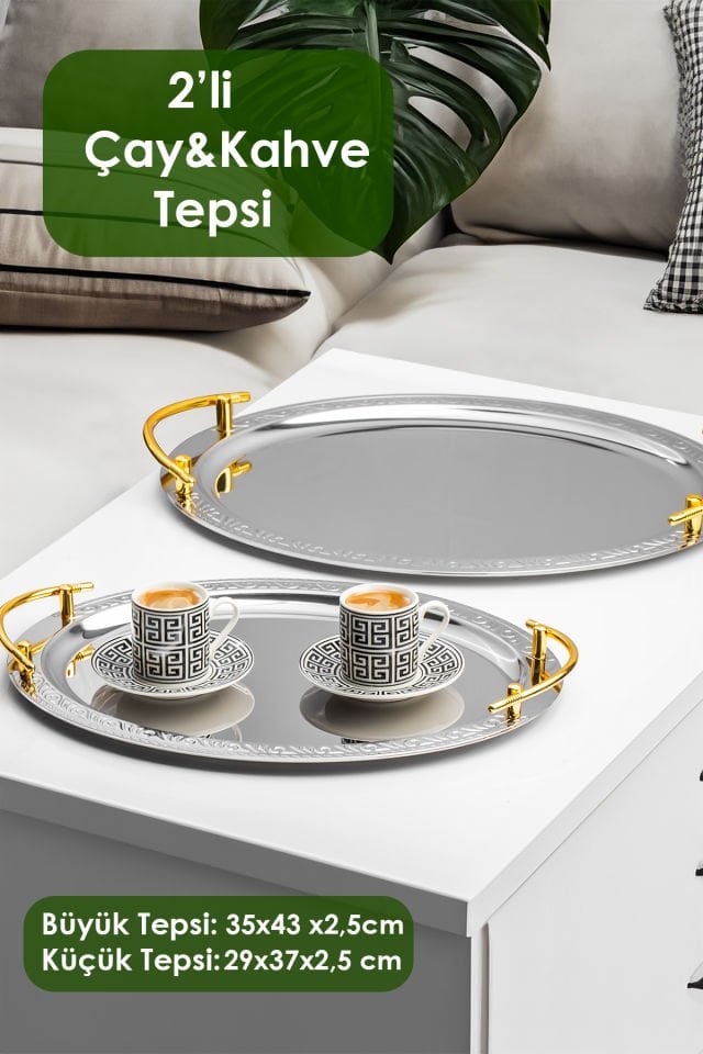 Porsima Elit Premium 2'li Paslanmaz Çelik Kahve Tepsisi Gümüş Tepsi Gold Detaylı Dekoratif Servis Sunum Tepsisi