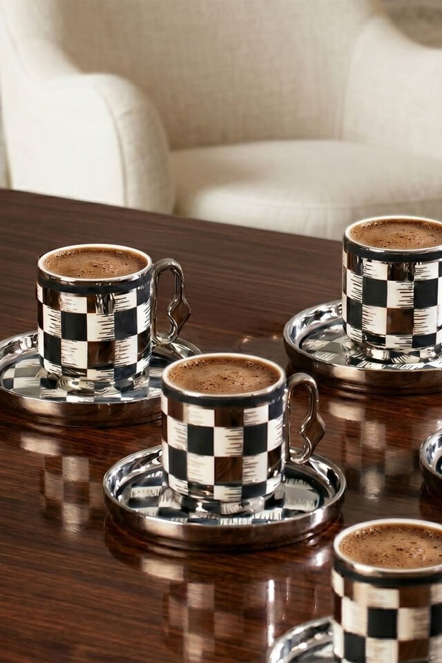Perotti 16992 Gümüş Dama 6 Kişilik Porselen Fincan Seti 12 Parça Türk Kahvesi Fincanı Takımı-90ml
