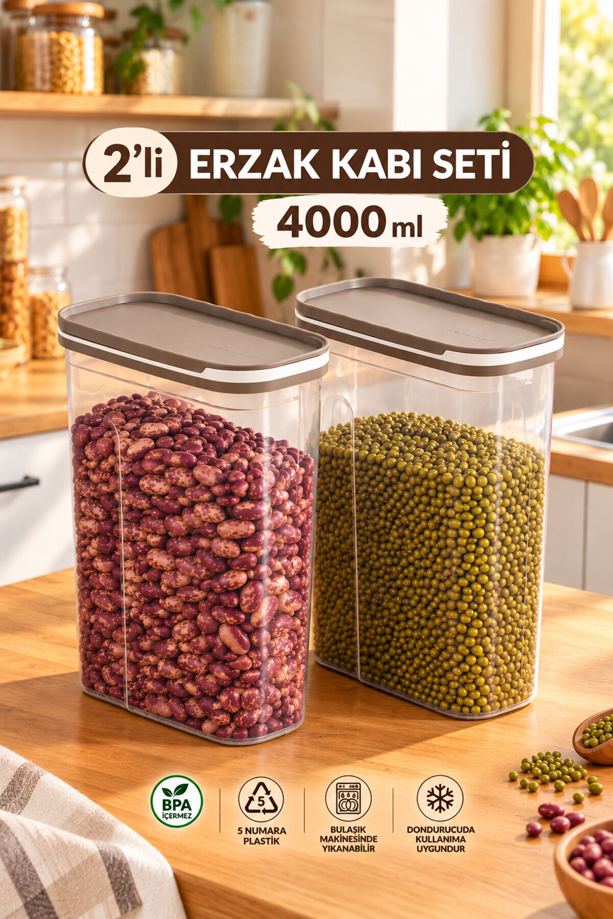 Porsima 1977 Bej 2'li Erzak Kabı Seti – 4000 ml Sürgülü Kapaklı Büyük Boy Şeffaf Bakliyat Saklama Kabı