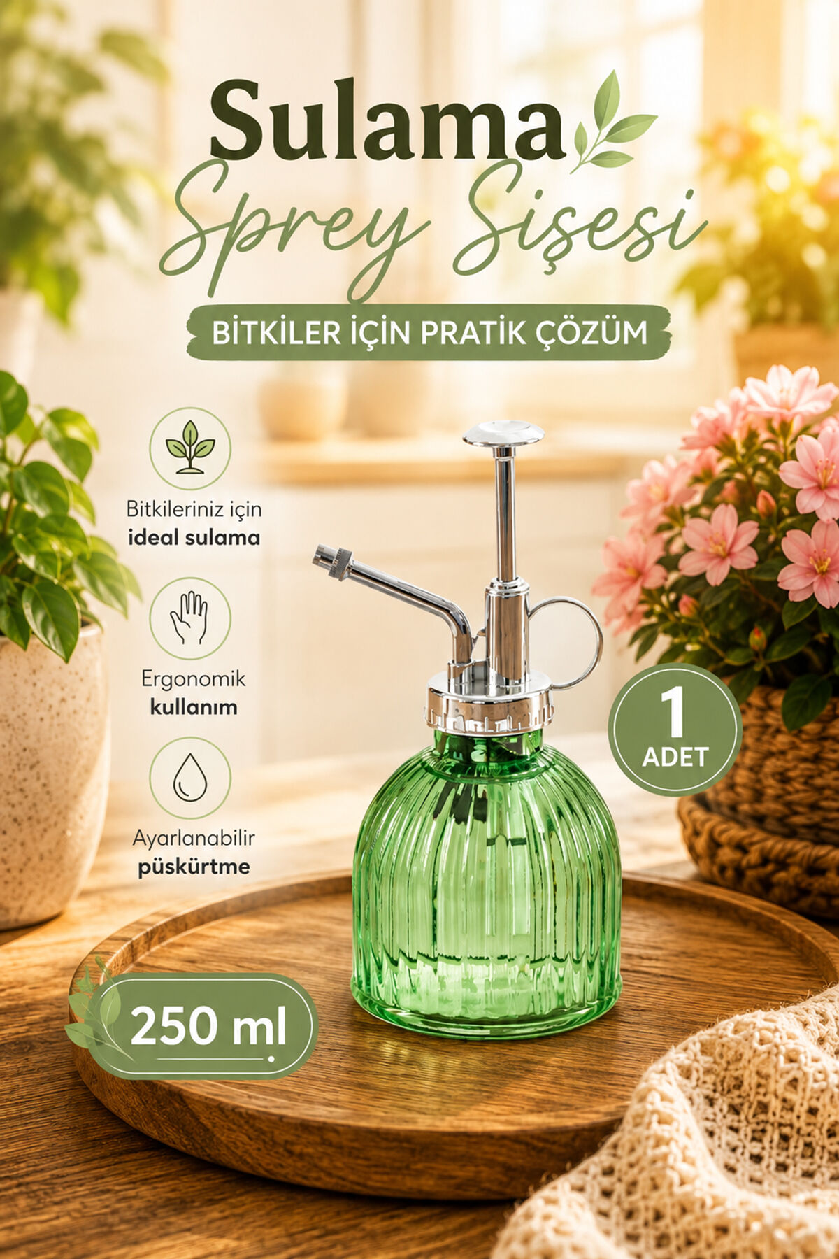 Perotti 15731 Yeşil Vintage Cam Bitki Sulama Şişesi Oda Kokusu Dağıtıcı Çok Amaçlı Sprey Şişe 250 ml