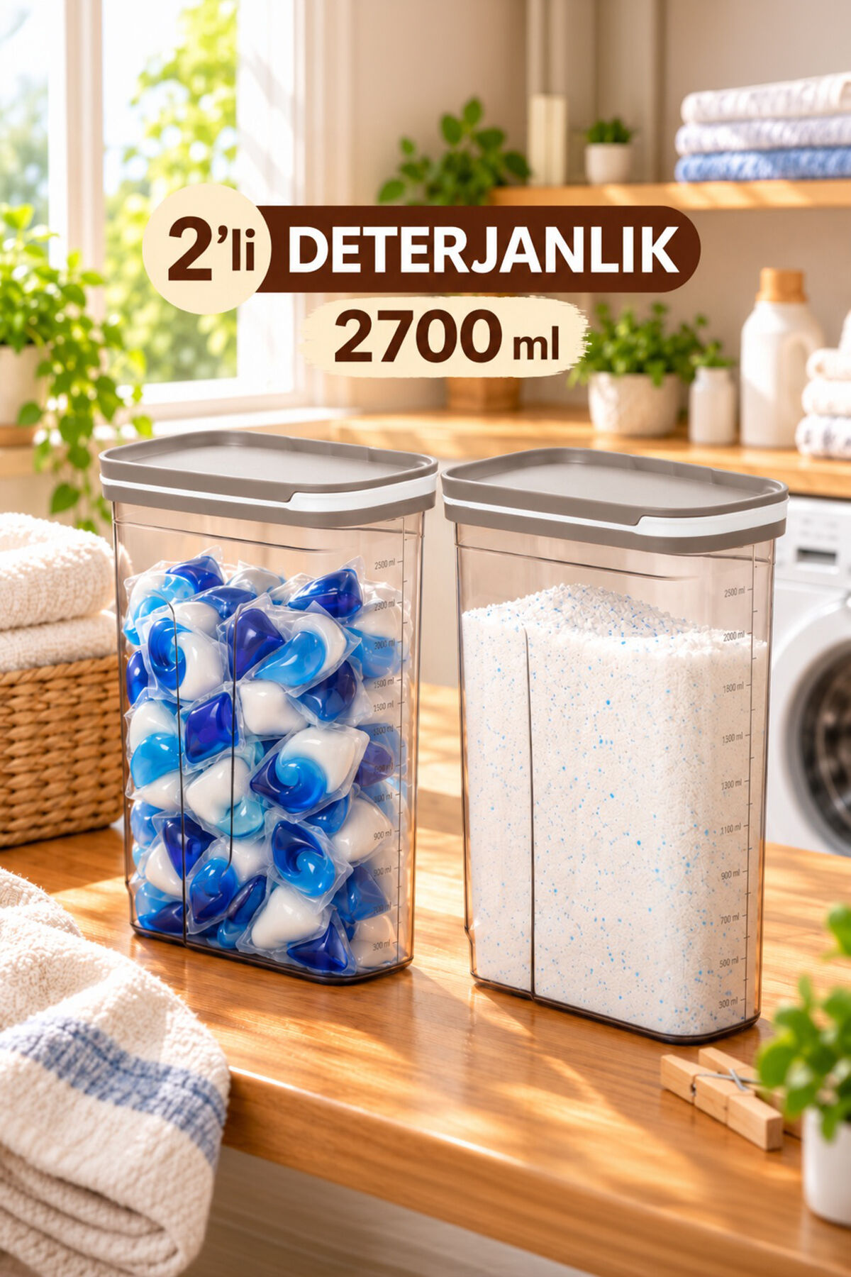 Porsima 5136 Bej 2'li Erzak Kabı Seti – 2700 ml Sürgülü Kapaklı Şeffaf Bakliyat Saklama Kabı