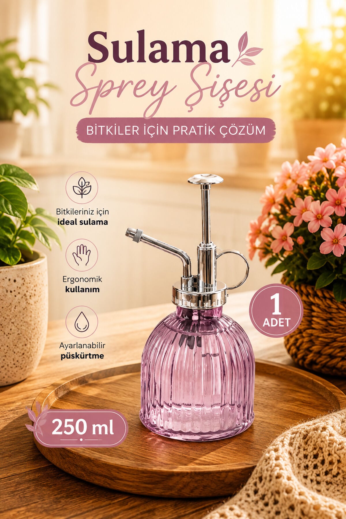 Perotti 15731 Mor Vintage Cam Bitki Sulama Şişesi Oda Kokusu Dağıtıcı Çok Amaçlı Sprey Şişe 250 ml