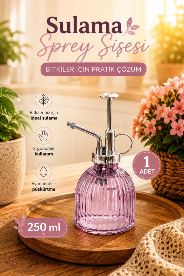 Perotti 15731 Mor Vintage Cam Bitki Sulama Şişesi Oda Kokusu Dağıtıcı Çok Amaçlı Sprey Şişe 250 ml