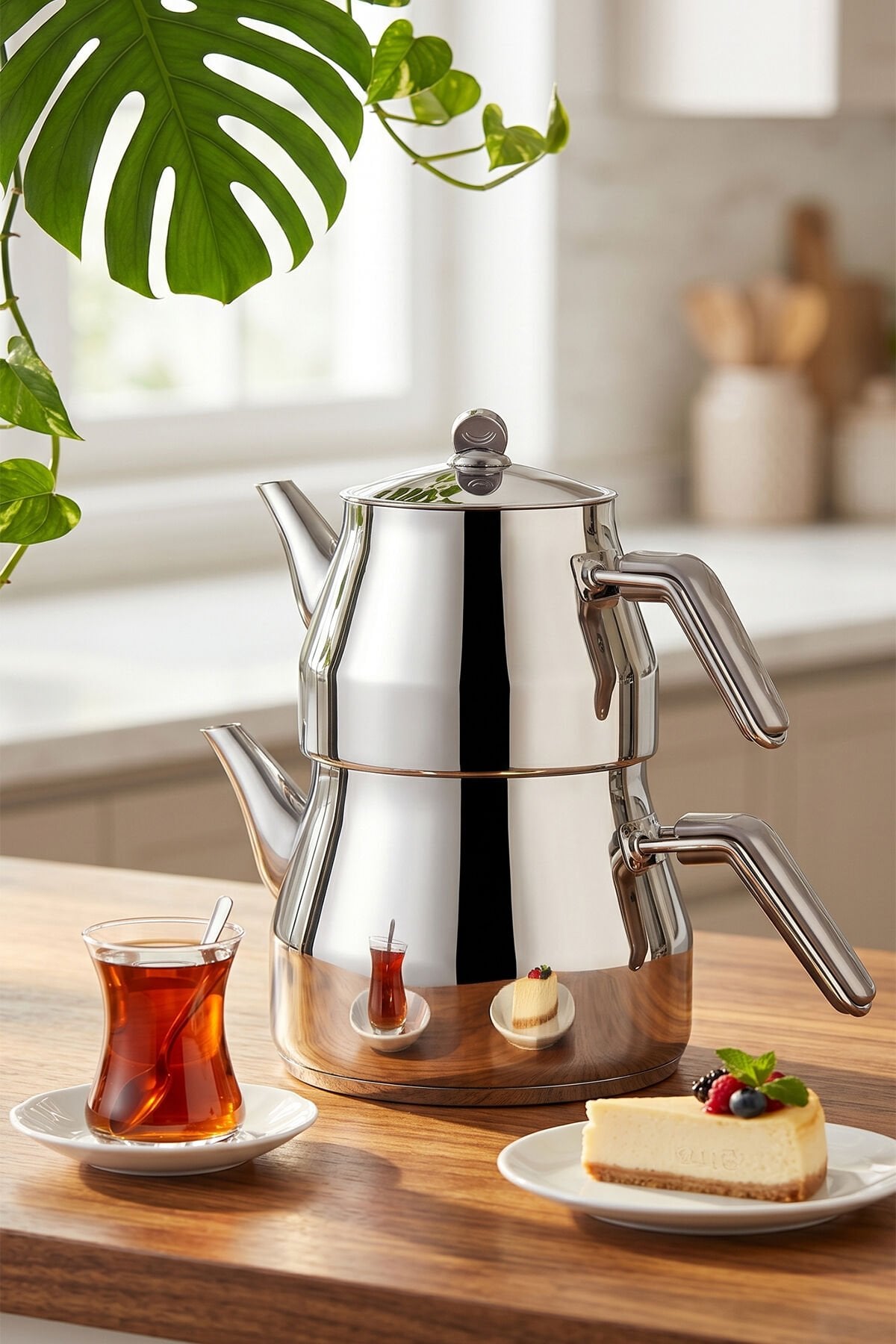 Porsima 1025 Prizma Bakalit Kulp Orta Boy Paslanmaz Çelik Çaydanlık Takımı - Antrasit - 1.10-2 Lt