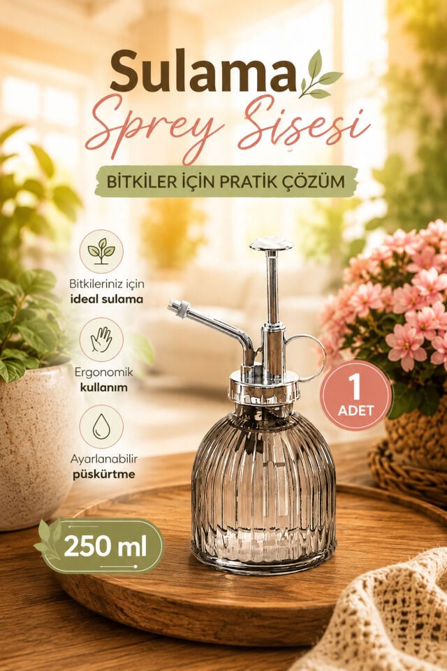 Perotti 15731 Gri Vintage Cam Bitki Sulama Şişesi Oda Kokusu Dağıtıcı Çok Amaçlı Sprey Şişe 250 ml