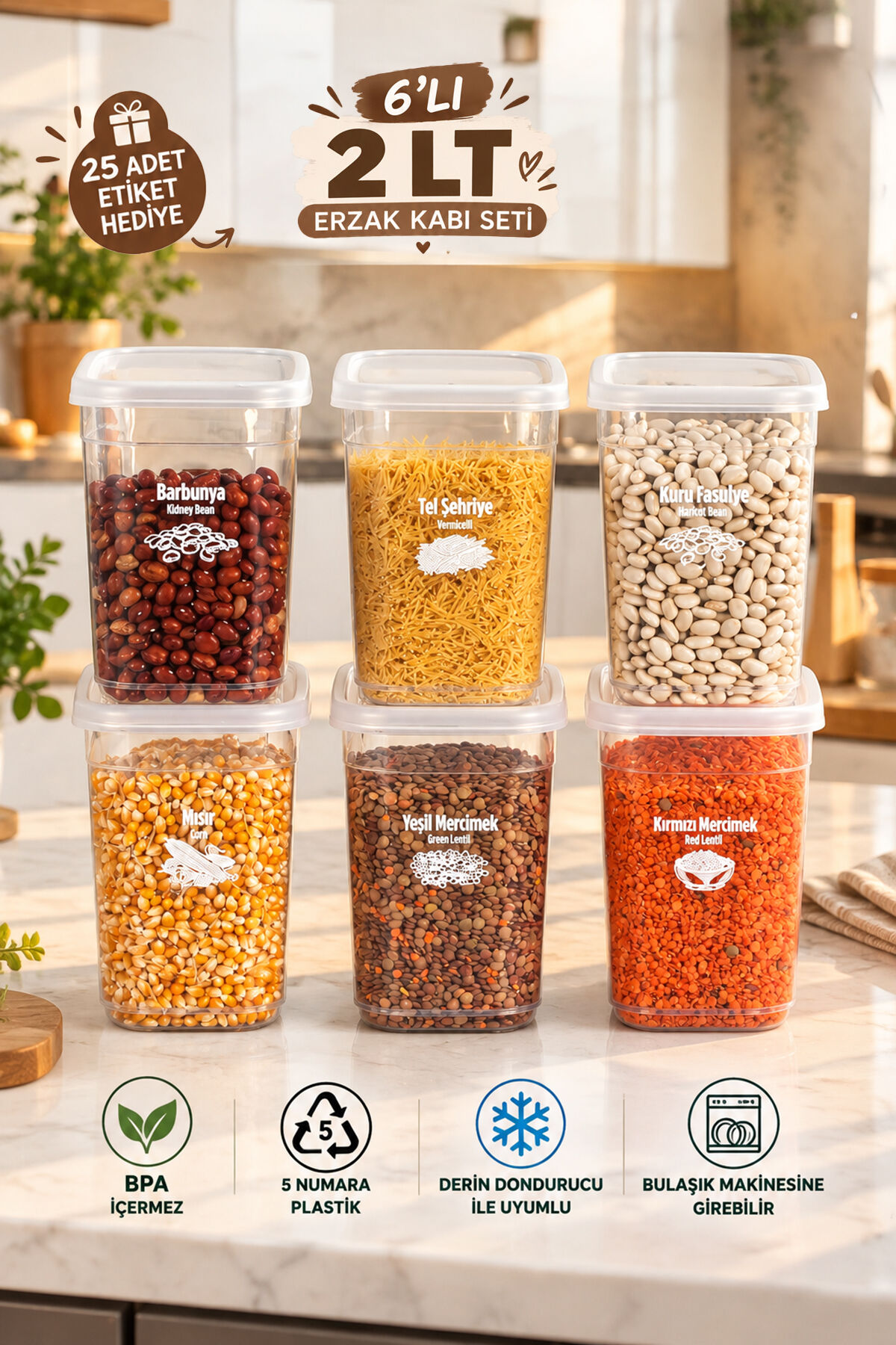 Porsima 4522 6'lı Şeffaf Erzak Kabı Seti 2 LT - Vakumlu Dikdörtgen Mutfak & Buzdolabı Saklama Kabı