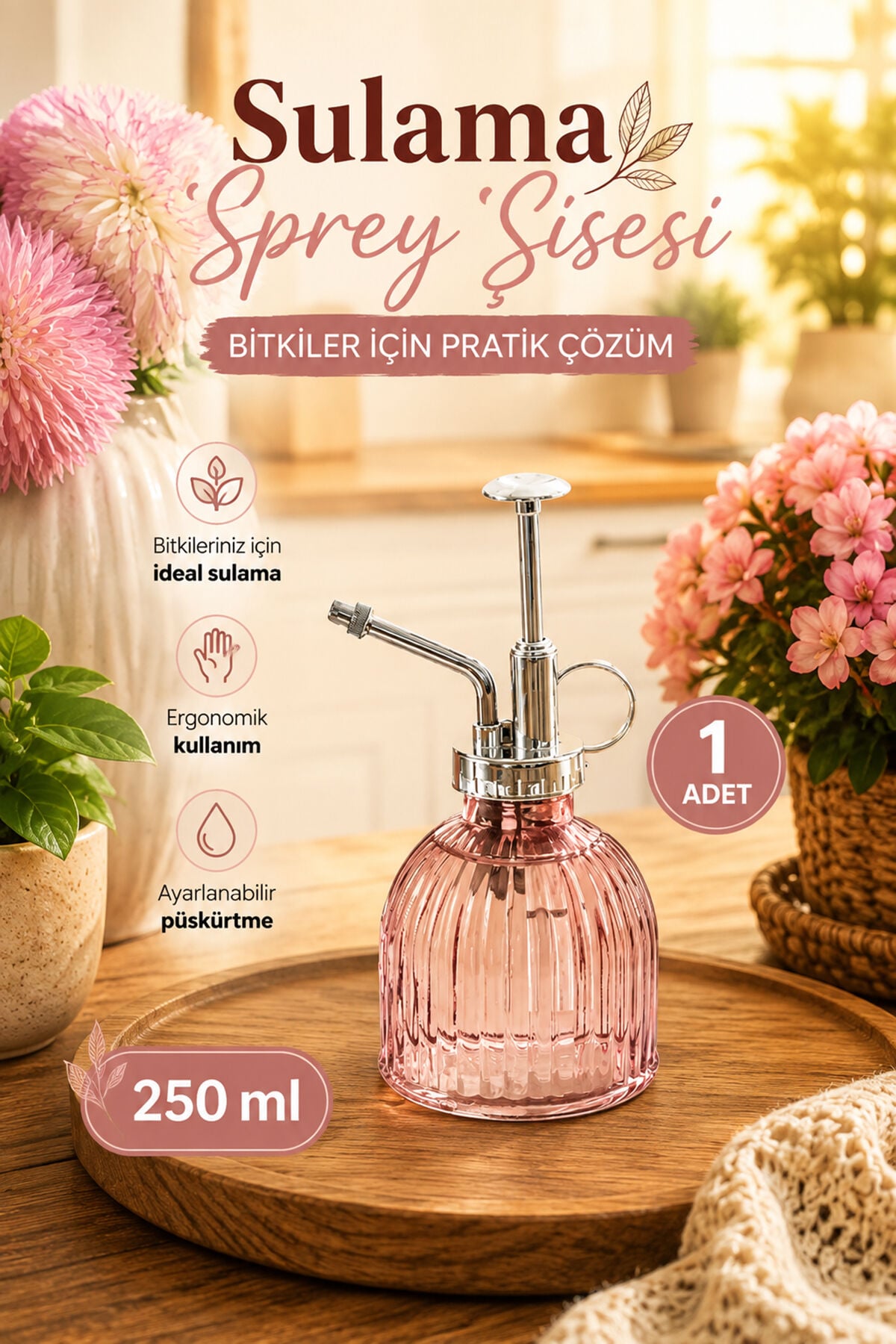 Perotti 15731 Pembe Vintage Cam Bitki Sulama Şişesi Oda Kokusu Dağıtıcı Çok Amaçlı Sprey Şişe 250 ml