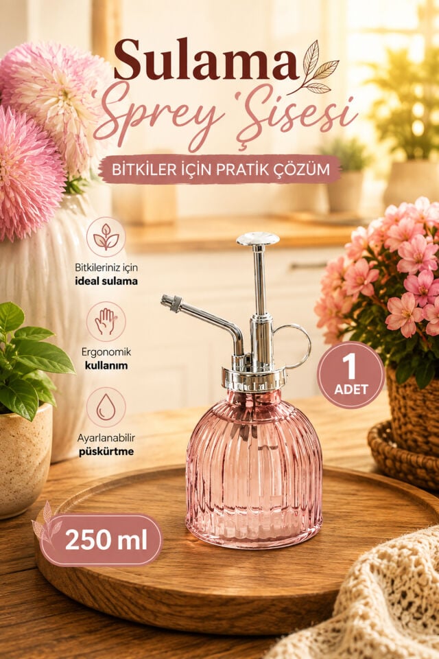 Perotti 15731 Pembe Vintage Cam Bitki Sulama Şişesi Oda Kokusu Dağıtıcı Çok Amaçlı Sprey Şişe 250 ml
