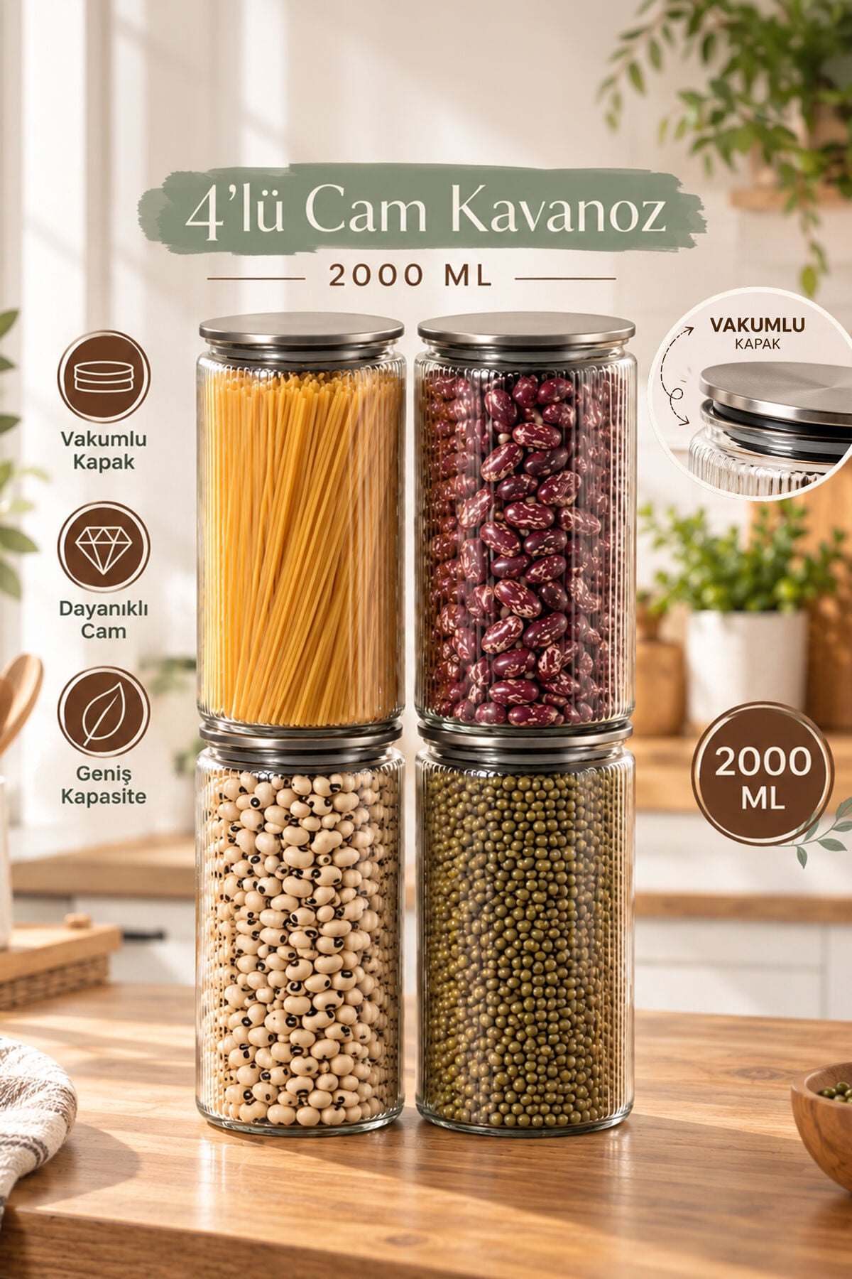 Porsima S-2091 Sarina 4'lü Çizgili Cam Kavanoz Seti 2000 ml – Metal Vakum Kapaklı Büyük Boy Mutfak Kiler Erzak ve Bakliyat Saklama Kabı