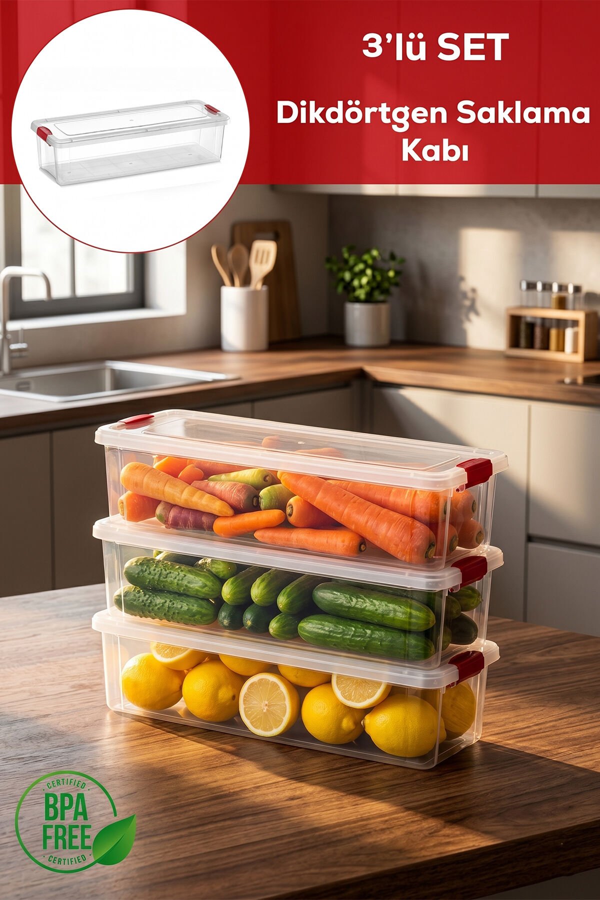 Porsima 456 3lü Kilitli Kapak Yiyecek Erzak Saklama Kabı Seti - 3,4ml Şeffaf