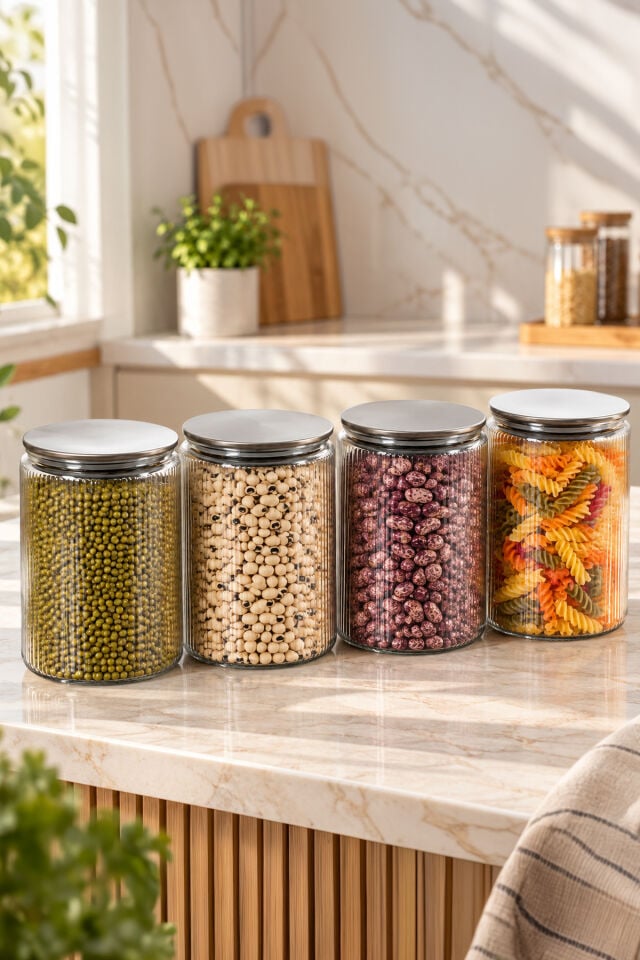 Porsima S-2087 4'lü Çizgili Cam Kavanoz Seti 1500 ml – Metal Vakum Kapaklı Mutfak Kiler Erzak ve Bakliyat Saklama Kabı