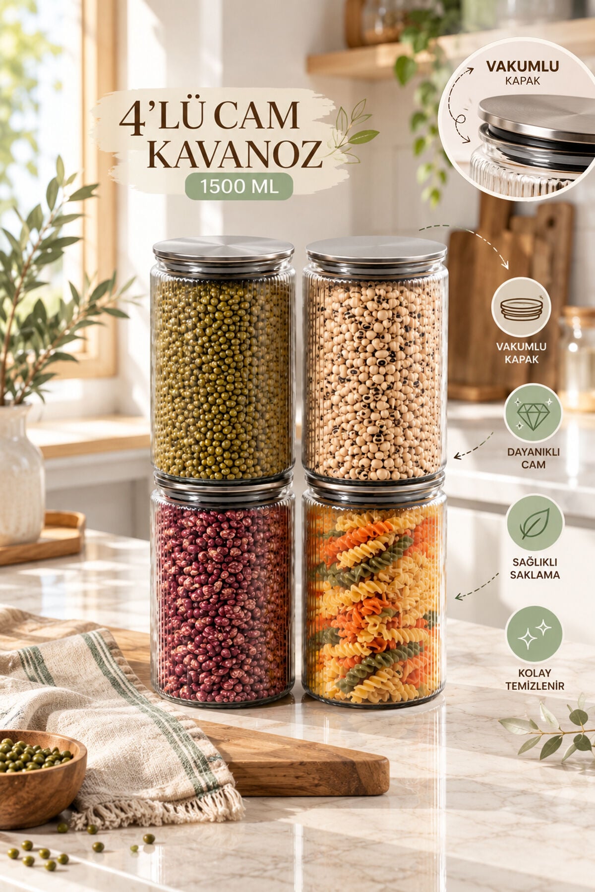 Porsima S-2087 4'lü Çizgili Cam Kavanoz Seti 1500 ml – Metal Vakum Kapaklı Mutfak Kiler Erzak ve Bakliyat Saklama Kabı