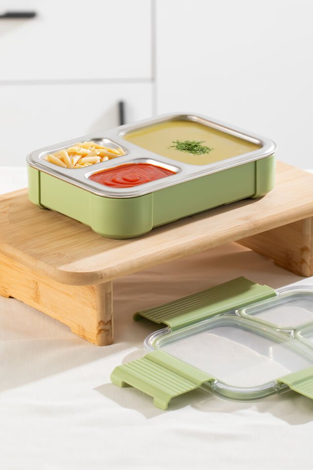 Porsima BL25238 Isı Yalıtımlı Paslanmaz Çelik Sızdırmaz Silikon Kapak 3 Bölmeli Vakumlu Yemek Termosu Beslenme Kutusu Taşınabilir Lunch Box Sefer Tası