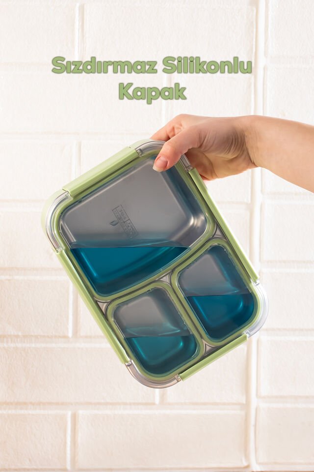 Porsima BL25238 Isı Yalıtımlı Paslanmaz Çelik Sızdırmaz Silikon Kapak 3 Bölmeli Vakumlu Yemek Termosu Beslenme Kutusu Taşınabilir Lunch Box Sefer Tası