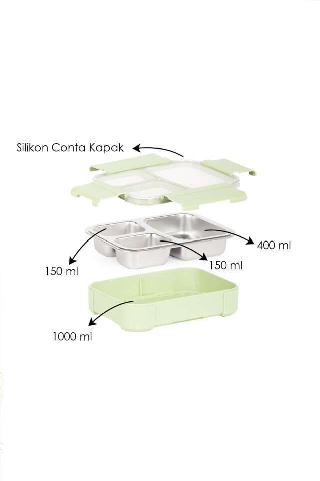 Porsima BL25238 Isı Yalıtımlı Paslanmaz Çelik Sızdırmaz Silikon Kapak 3 Bölmeli Vakumlu Yemek Termosu Beslenme Kutusu Taşınabilir Lunch Box Sefer Tası
