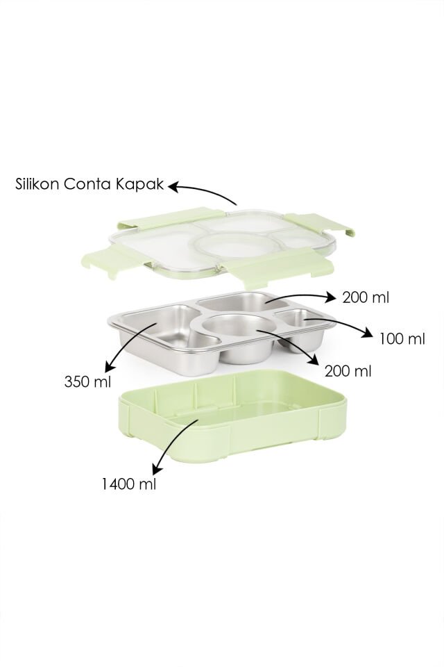 Porsima BL25239 Isı Yalıtımlı Paslanmaz Çelik Sızdırmaz Silikon Kapak 4 Bölmeli Vakumlu Yemek Termosu Beslenme Kutusu Taşınabilir Lunch Box Sefer Tası