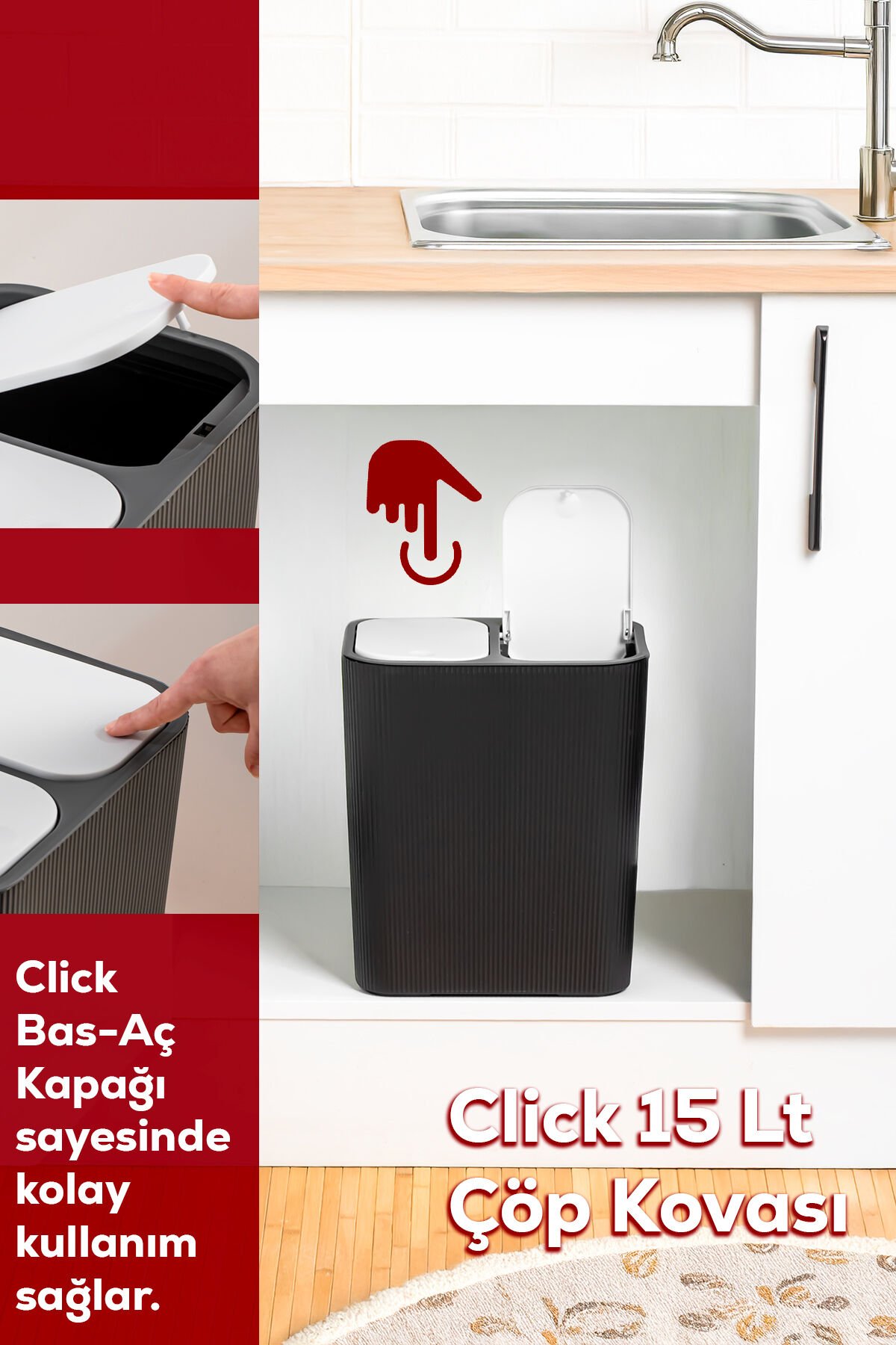 Perotti 13255 Click Kapak İki Bölmeli Modern Çöp Kovası 15lt Siya Siyah - Beyaz