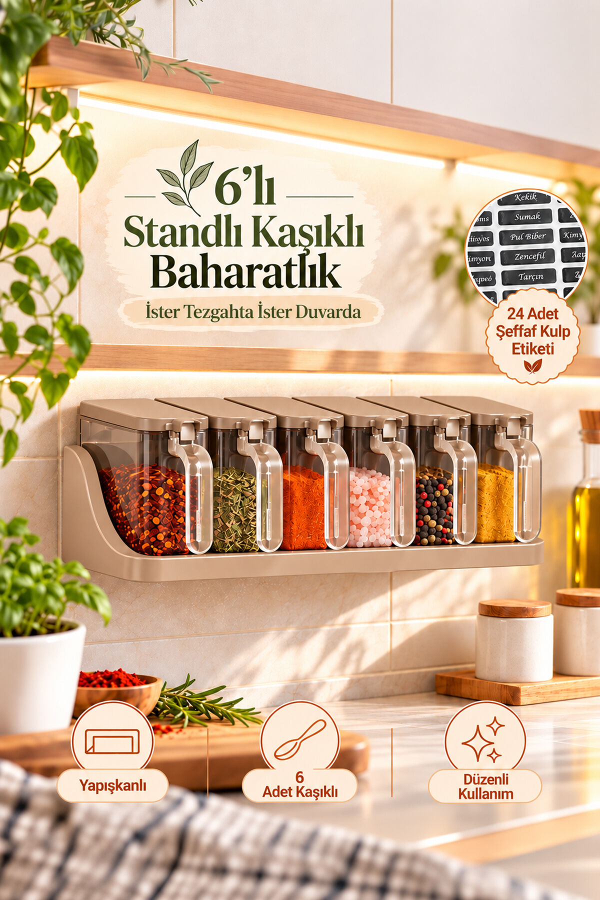 Porsima 4514 Kapuçino 6'lı Standlı Kaşıklı Baharatlık Seti – Yapışkanlı Duvara Monte ve Tezgah Üstü Şeffaf Kulp Etiketli Baharat Takımı
