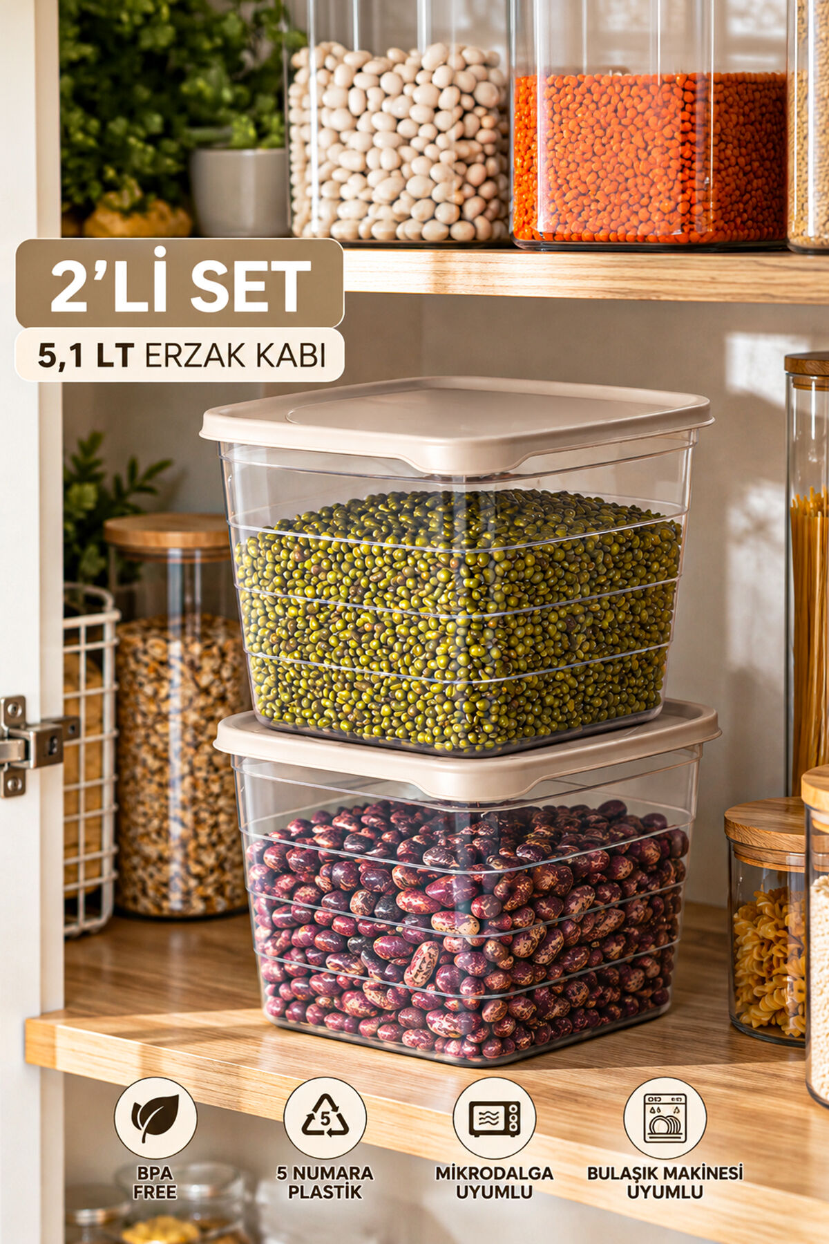 Porsima 0975 2'li Kare Erzak Saklama Kabı Seti 5,1 LT Cafe Latte - Şeffaf Bakliyat, Deterjan & Mutfak Düzenleyici Kutu