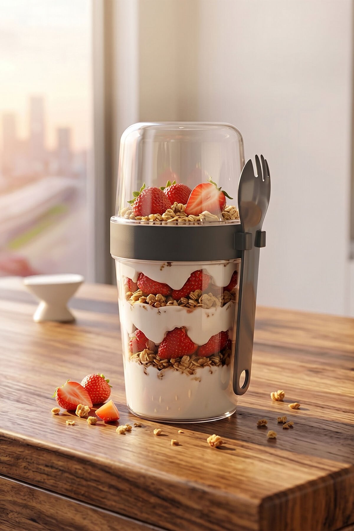 Porsima 5817 Yoğurt Kabı – Kendinden Kaşıklı Pratik Taşınabilir Kaşıklı Atıştırmalık Kabı-Antrasit 400ml+200ml
