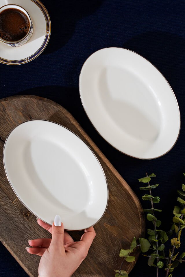 Porsima 4443 Gardenya Porselen Platin Fileli Kayık Tabak Seti - Oval Kahvaltılık Sunumluk Seti 20cm