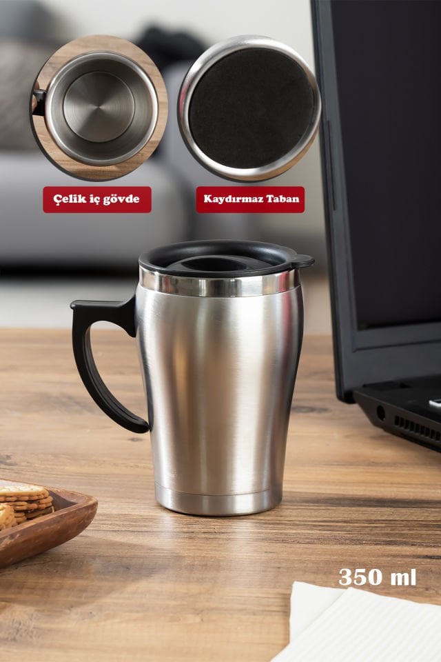 Porsima 05550 Paslanmaz Çelik Kupa Sızdırmaz Çelik Termos Araç Termosu El Termosu Yalıtımlı Bardak 350ml -Gümüş