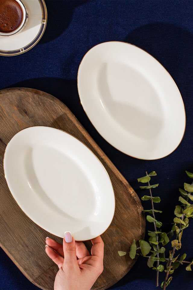 Porsima 4444 Gardenya Porselen Altın Fileli Kayık Tabak Seti - Oval Kahvaltılık Sunumluk Seti 20cm