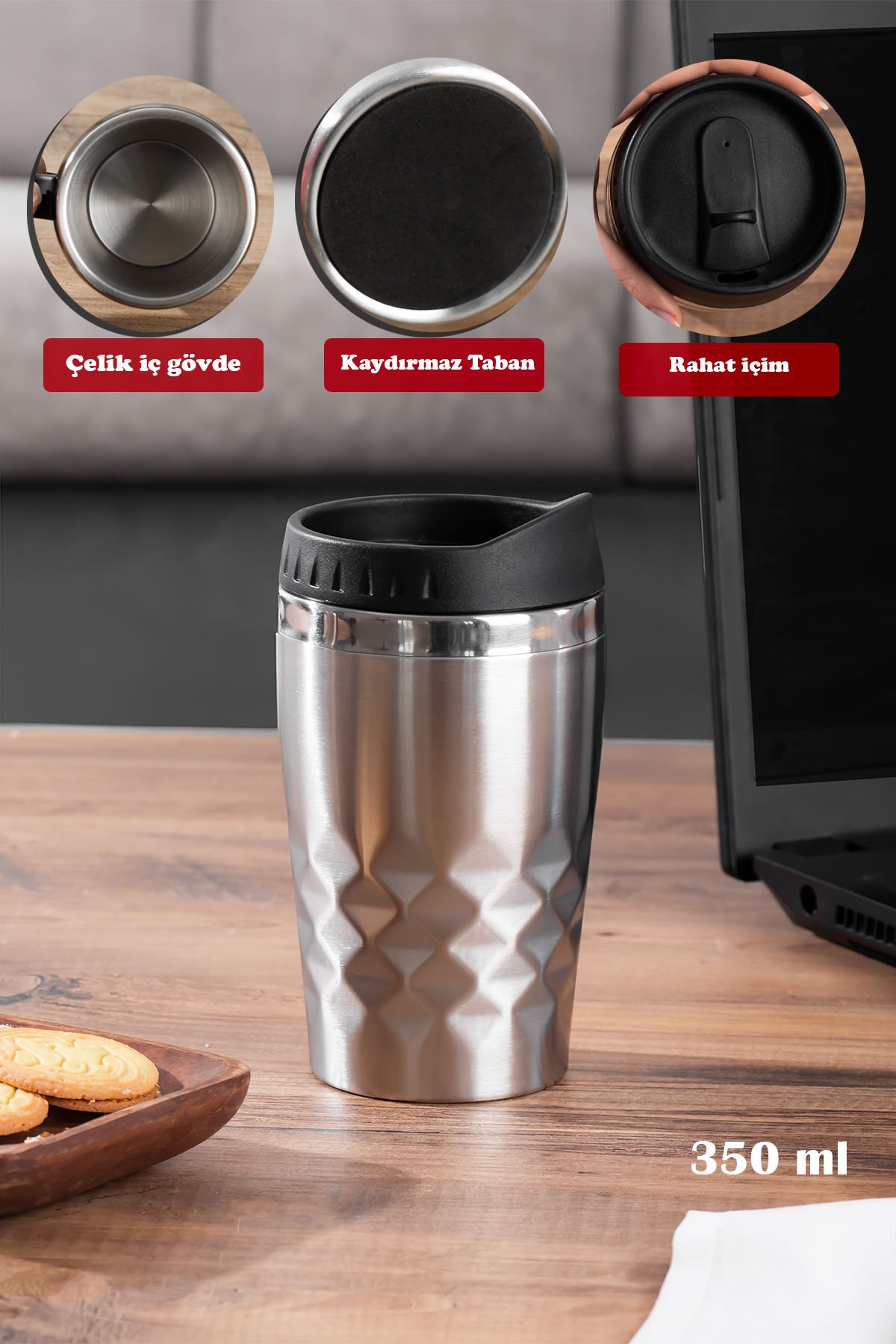 Porsima 05554 Paslanmaz Çelik Kupa Sızdırmaz Çelik Termos Araç Termosu El Termosu Yalıtımlı Bardak 350ml -Gümüş
